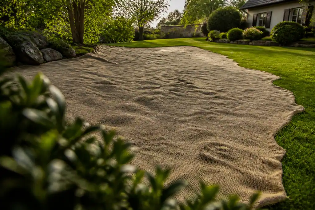 Pelouse avec un voile de jute tendu au sol