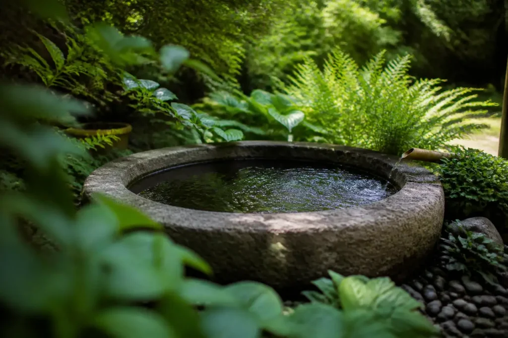 Petit bassin en pierre entoure de plantes vertes