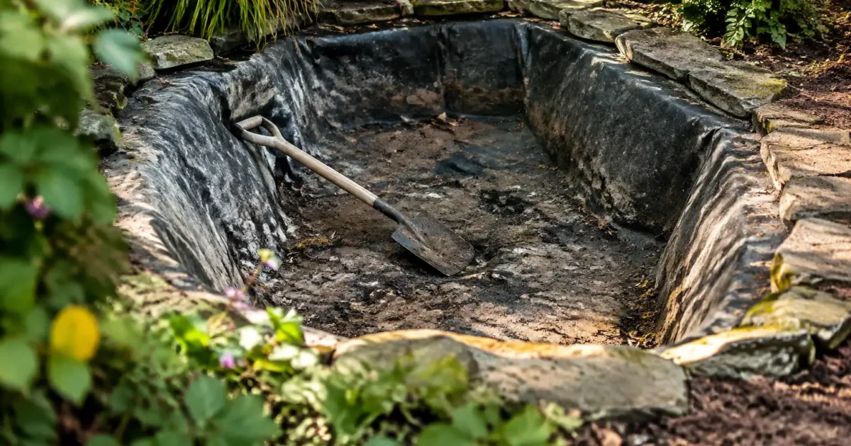 Petit bassin vide au fond du jardin, pelle posee