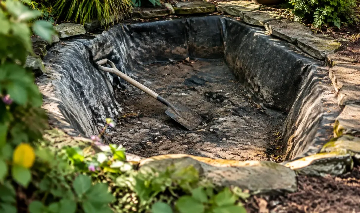 Petit bassin vide au fond du jardin, pelle posee