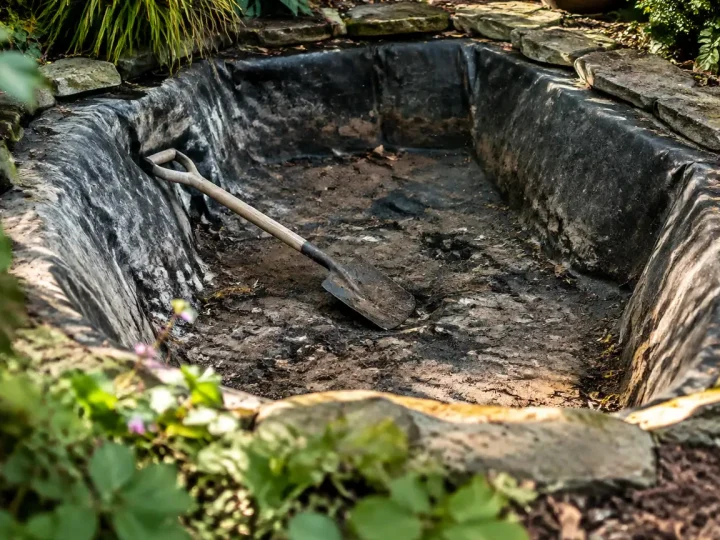 Petit bassin vide au fond du jardin, pelle posee