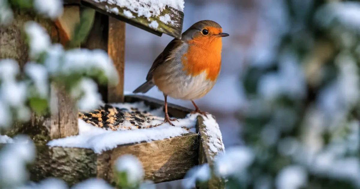 Petit oiseau orange perche sur une mangeoire enneigee