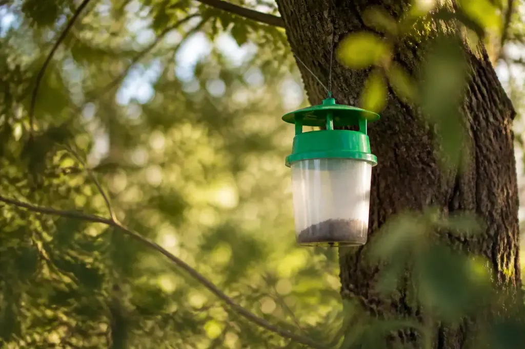 Piège en plastique accroché à un chêne