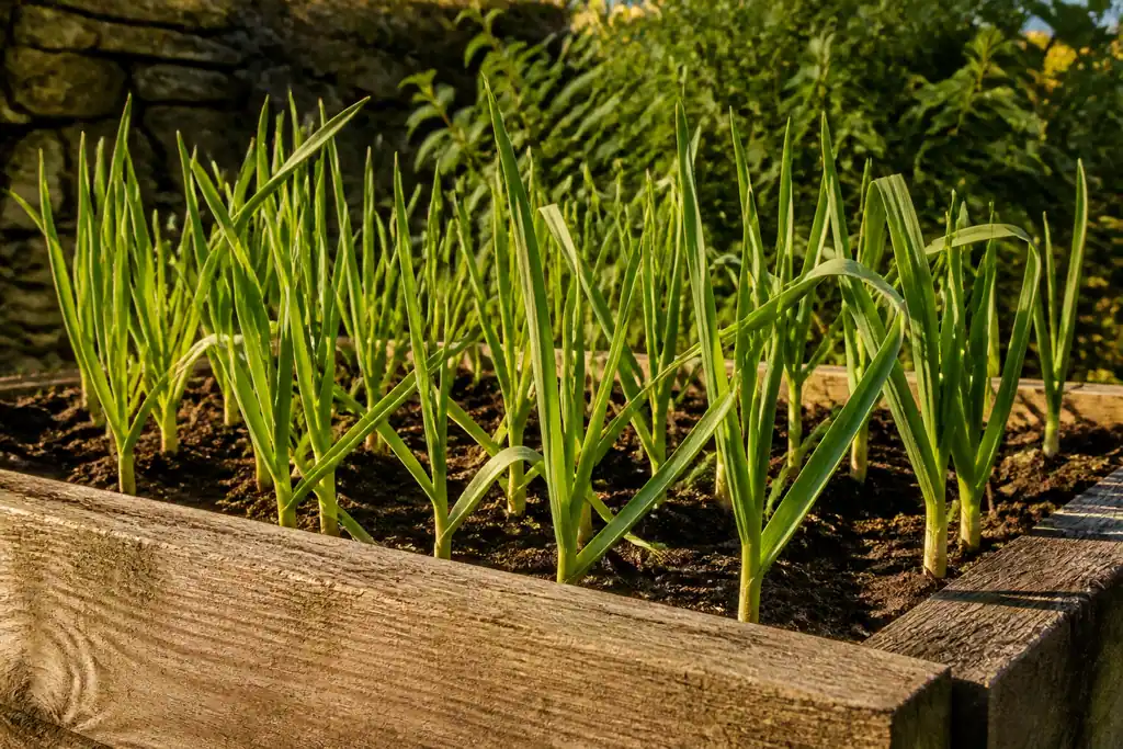 Planche surelevee ensoleillee avec jeunes plants d'ail