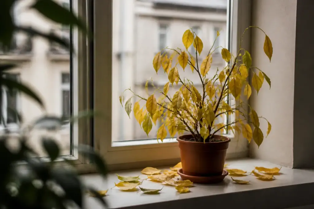 Plante jaunissante perdant ses feuilles pres d une fenetre