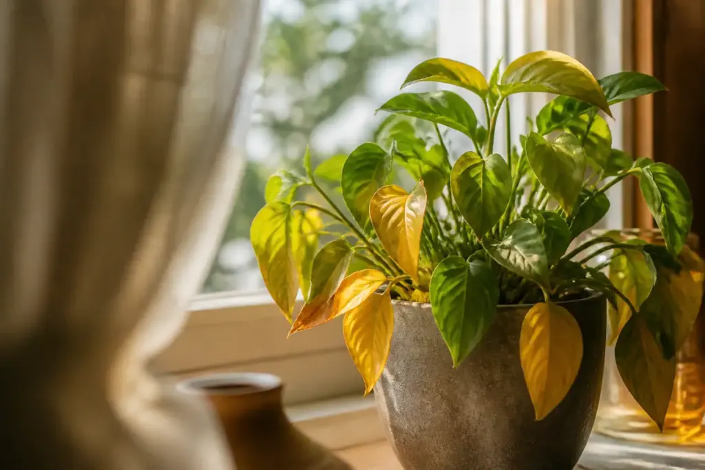 Plante verte aux feuilles jaunies posee pres fenetre lumineuse