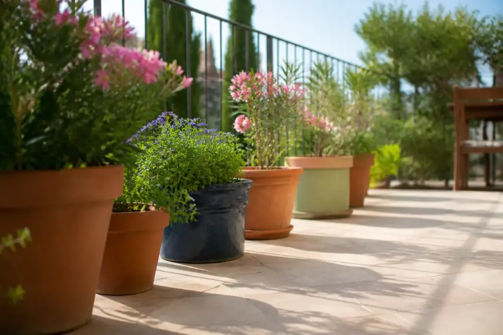 Plantes en pots alignees sur une terrasse au soleil