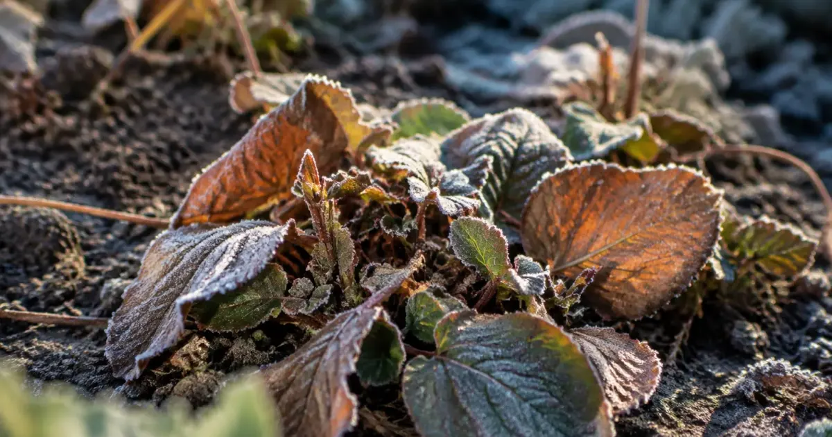 Plants sur terre nue, feuilles brunies par le givre