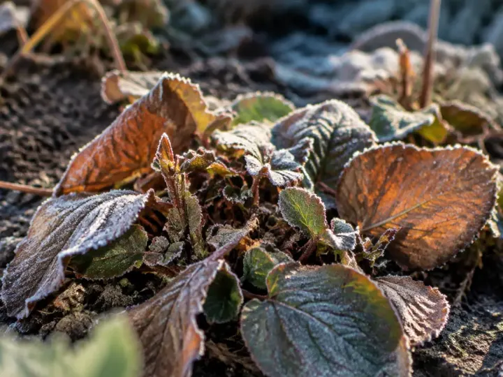 Plants sur terre nue, feuilles brunies par le givre