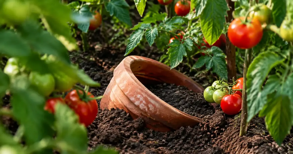 Pot en terre cuite enfoui au pied des tomates