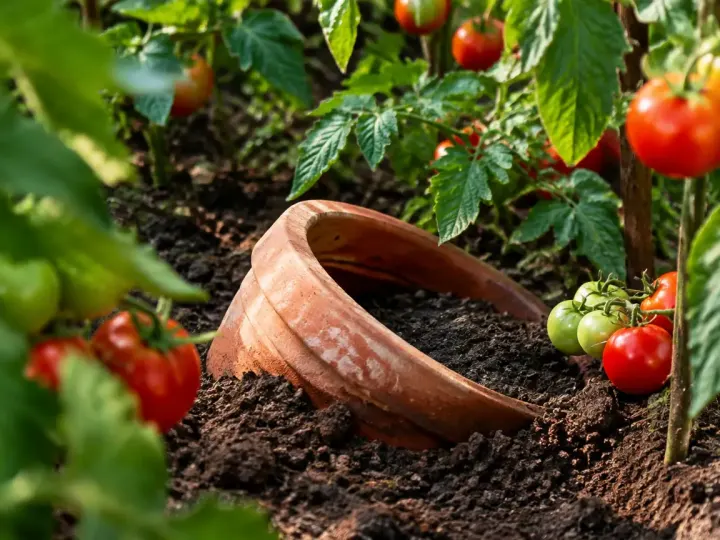 Pot en terre cuite enfoui au pied des tomates