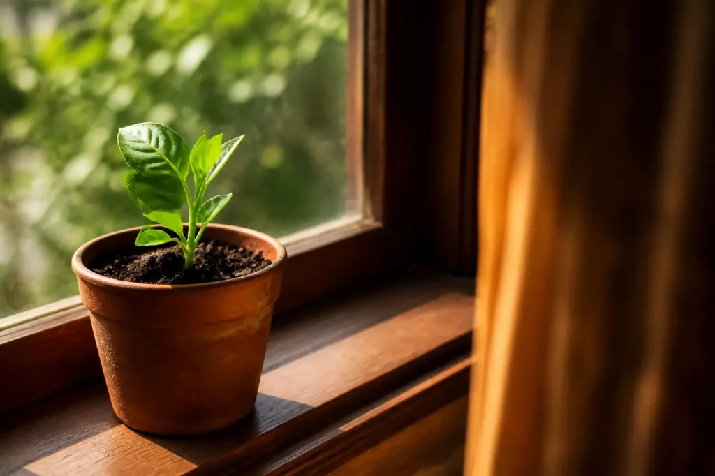 Pot en terre cuite avec jeune pousse verte
