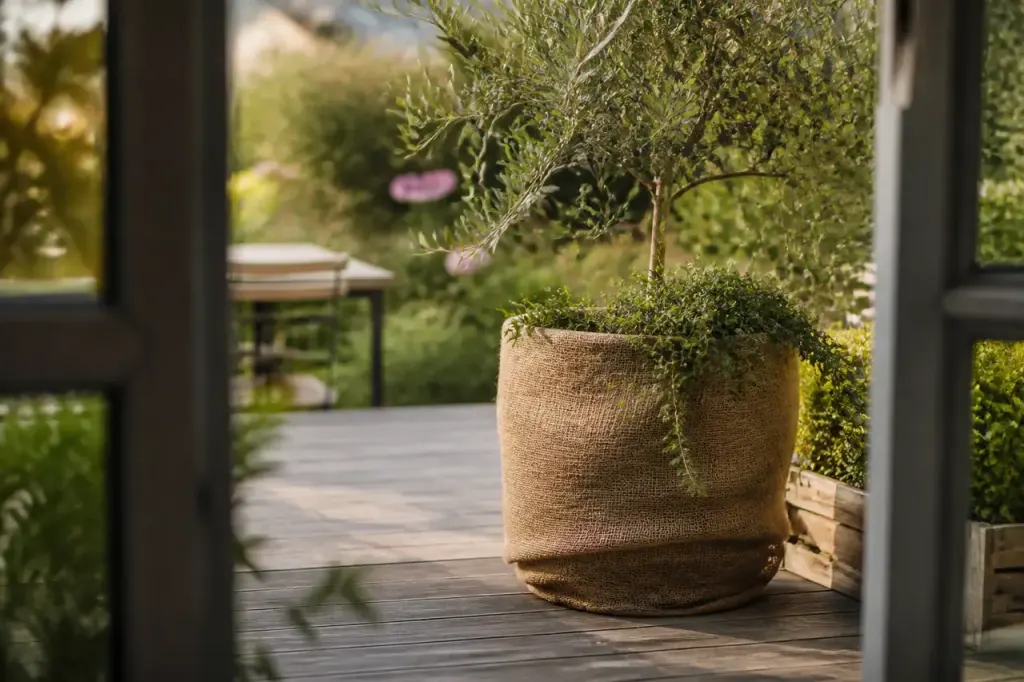Grand pot en terre enveloppe de jute sur terrasse