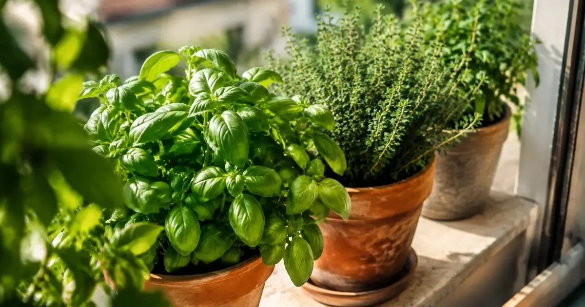 Pots de basilic et thym alignes sur un rebord
