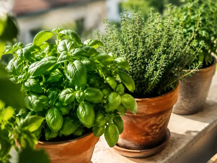 Pots de basilic et thym alignes sur un rebord