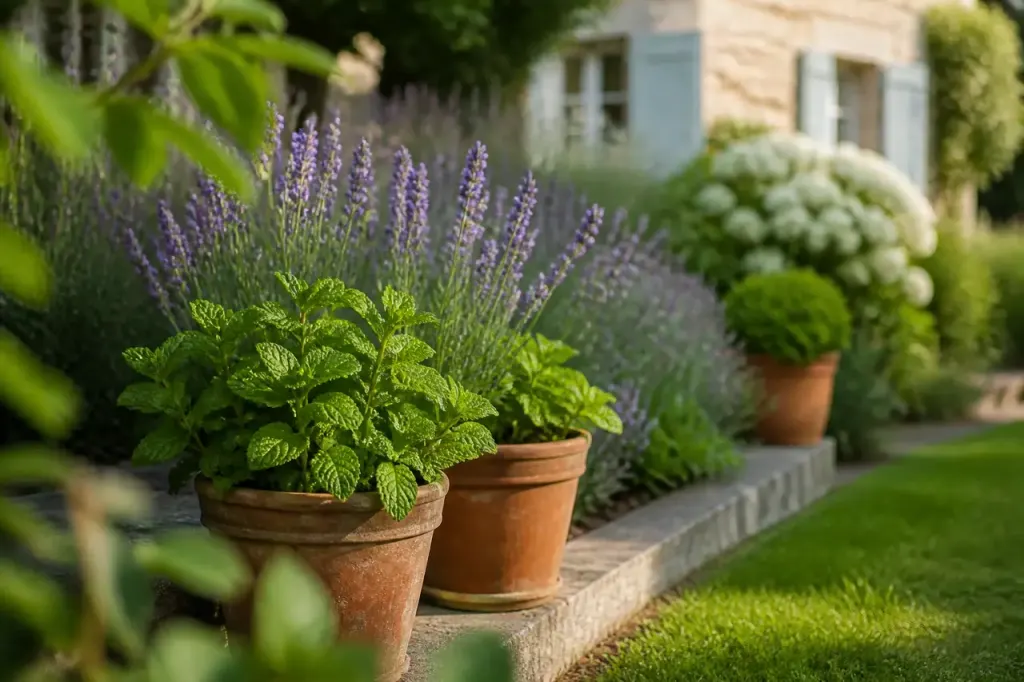 Pots de menthe et lavande en bordure de massif
