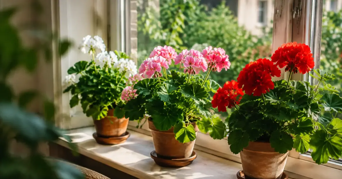 Pots de pelargoniums alignes sur un rebord de fenetre
