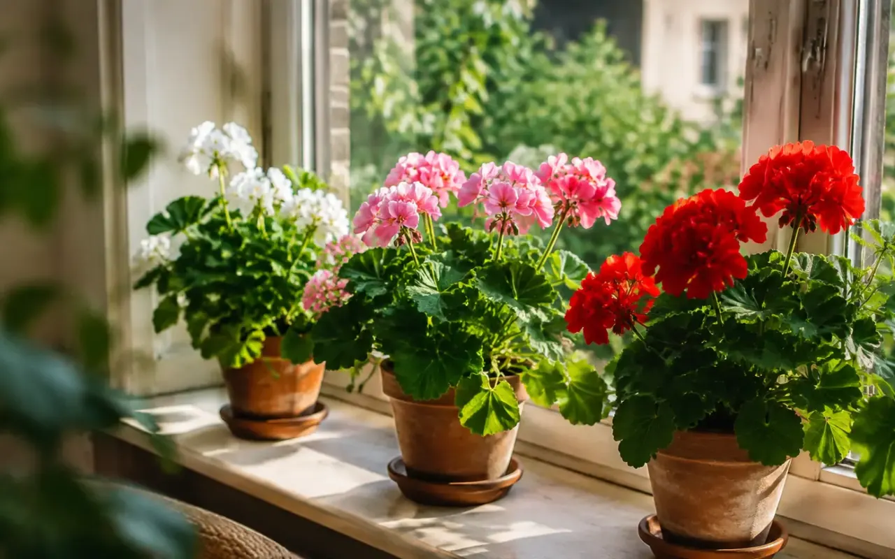 Pots de pelargoniums alignes sur un rebord de fenetre