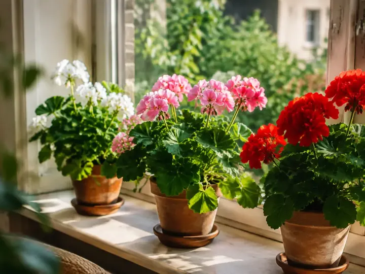 Pots de pelargoniums alignes sur un rebord de fenetre