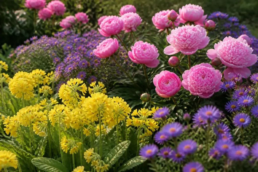 Massif de primeveres jaunes, pivoines roses et asters violets