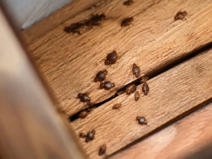 Petites punaises brunes rampant sur des lattes de bois