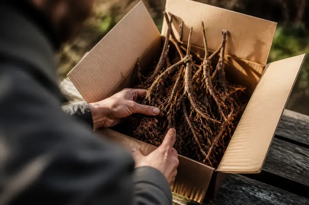 Racines nues et souples dans un carton ouvert