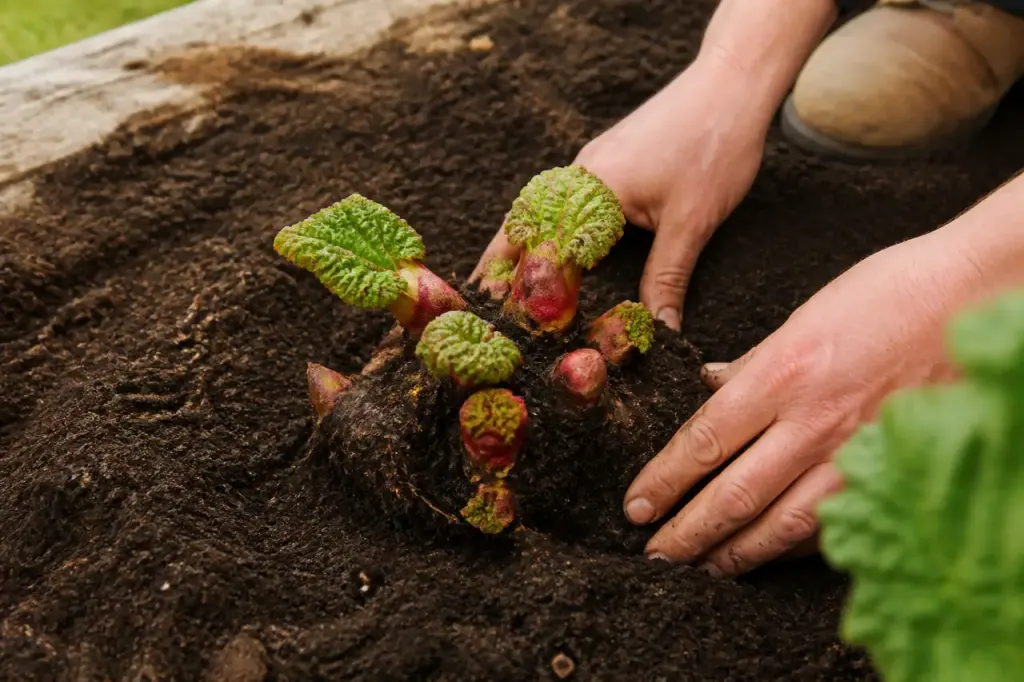 Racines de rhubarbe fraichement plantees dans terre brune