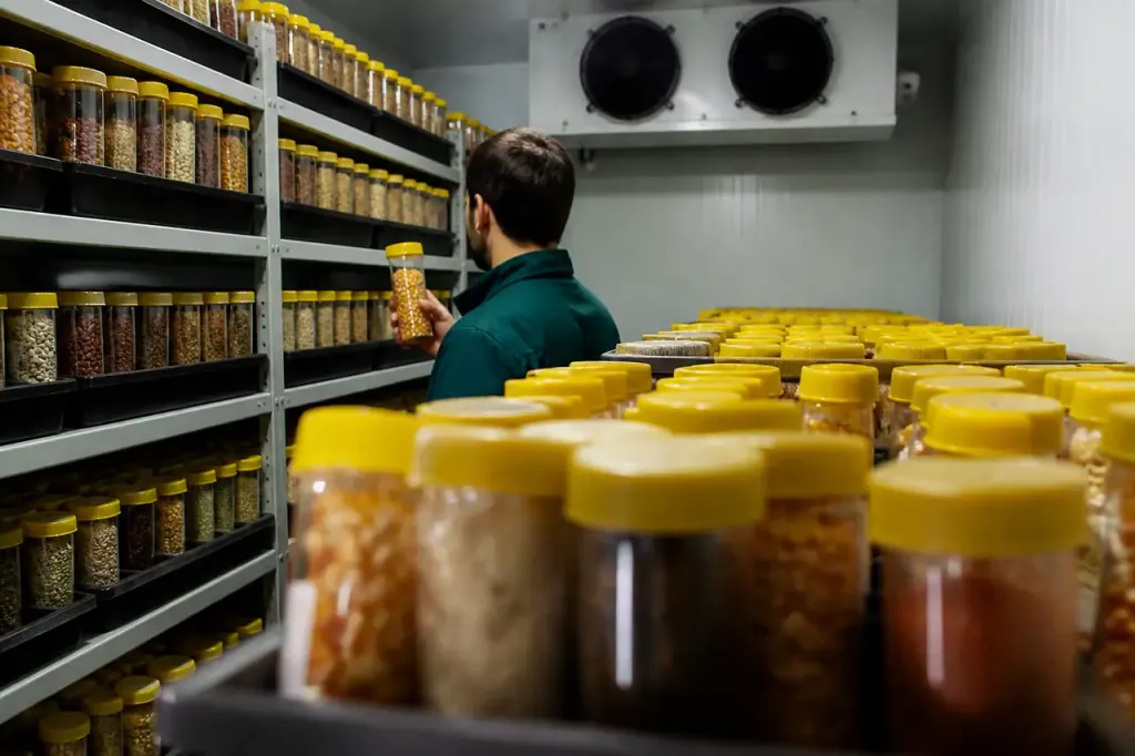 Rangees de tubes de semences dans une chambre froide