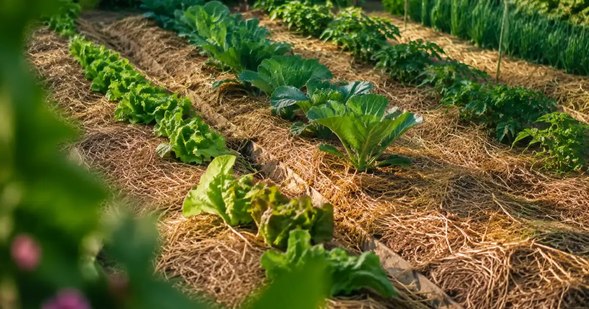 Rangs de legumes couverts de paille au jardin