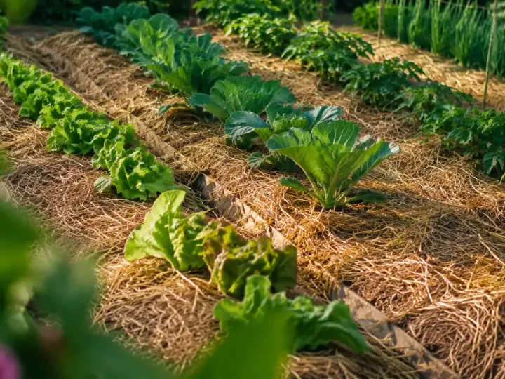 Rangs de legumes couverts de paille au jardin