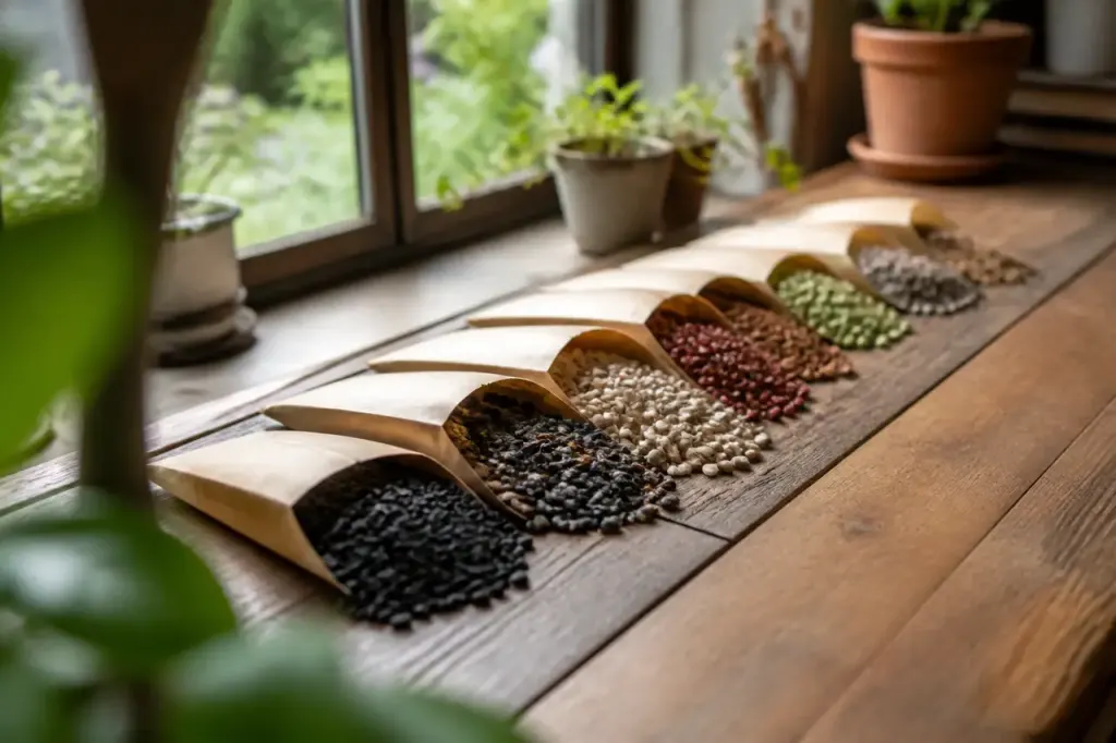 Sachets de graines colorees alignes sur table en bois