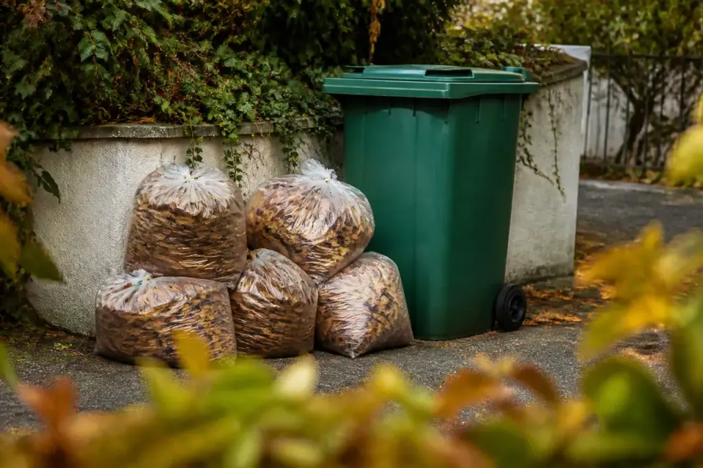Sacs de feuilles mortes devant un conteneur vert