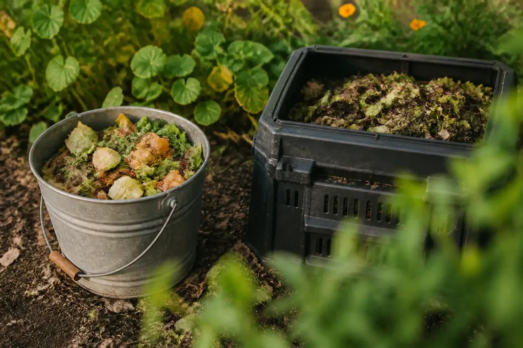 Seau de cuisine et bac de compost au jardin