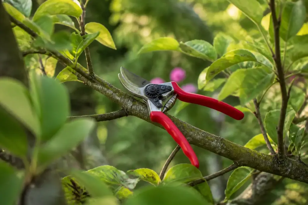 Secateur pose sur une branche verte au jardin
