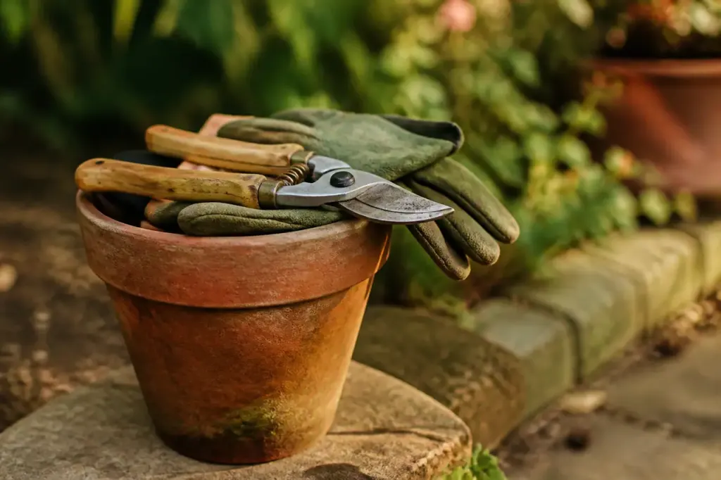 Secateur et gants poses sur un pot de terre