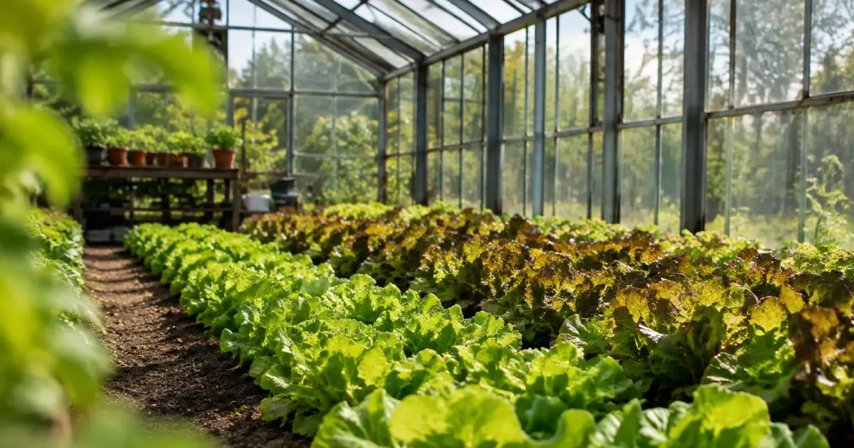 Serre en verre avec rangees de salades vertes