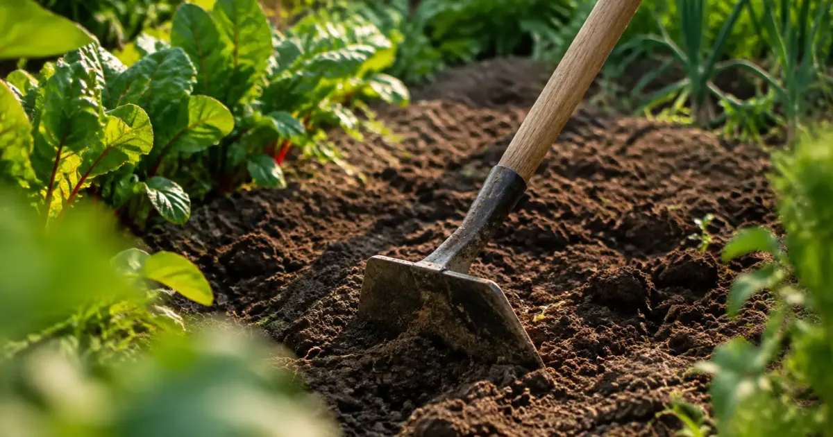Sol fendu du potager avec une binette posee