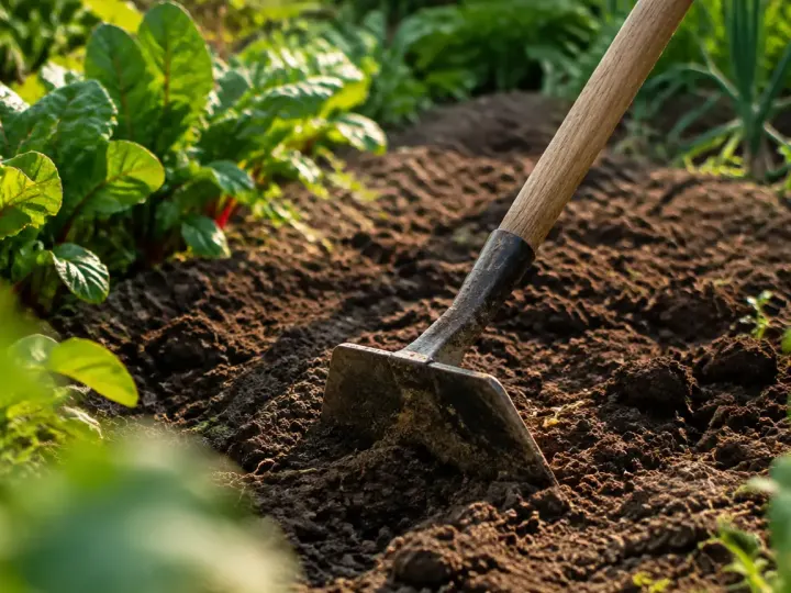 Sol fendu du potager avec une binette posee