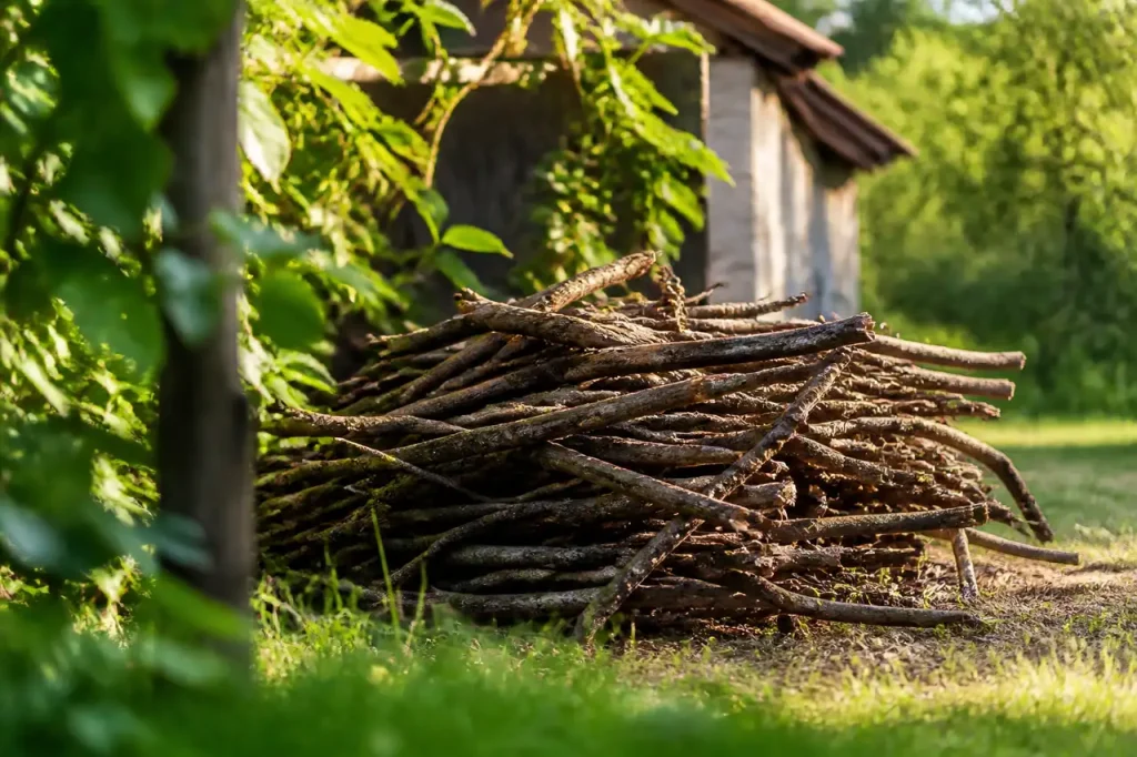 Tas de branches seches empilees dans un jardin