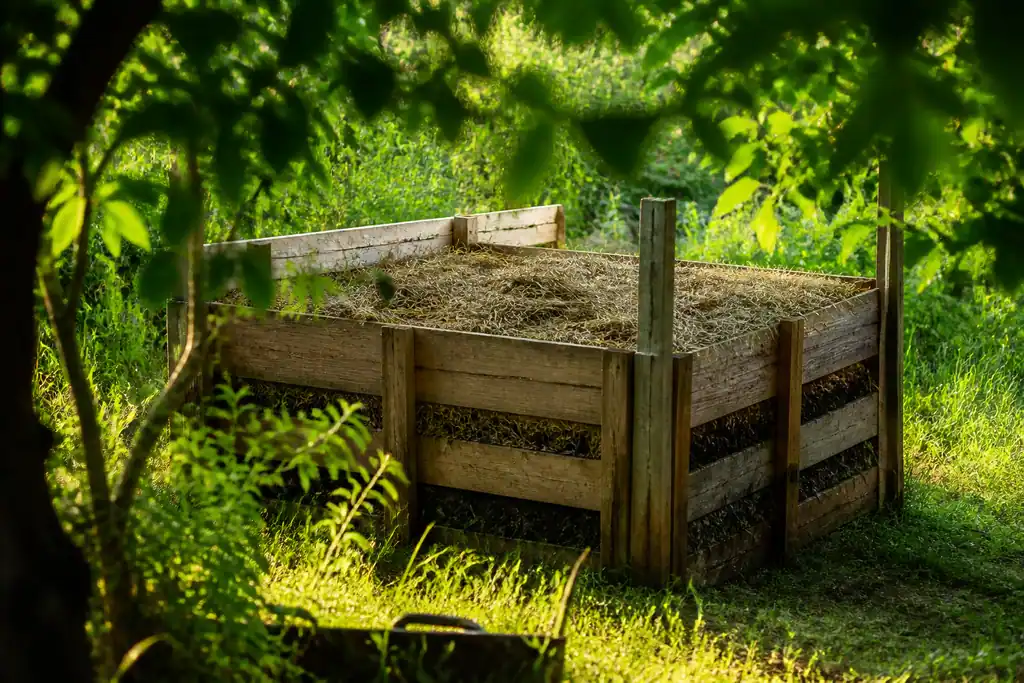 Tas de compost en bois couvert de paille