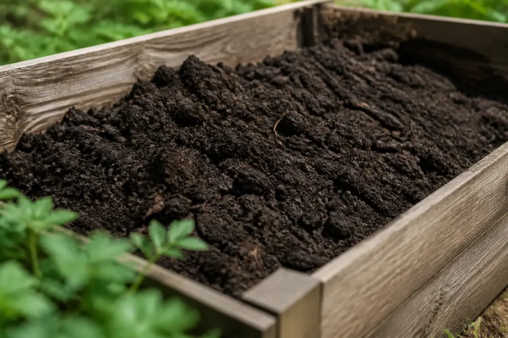 Terreau sombre grumeleux dans un bac en bois