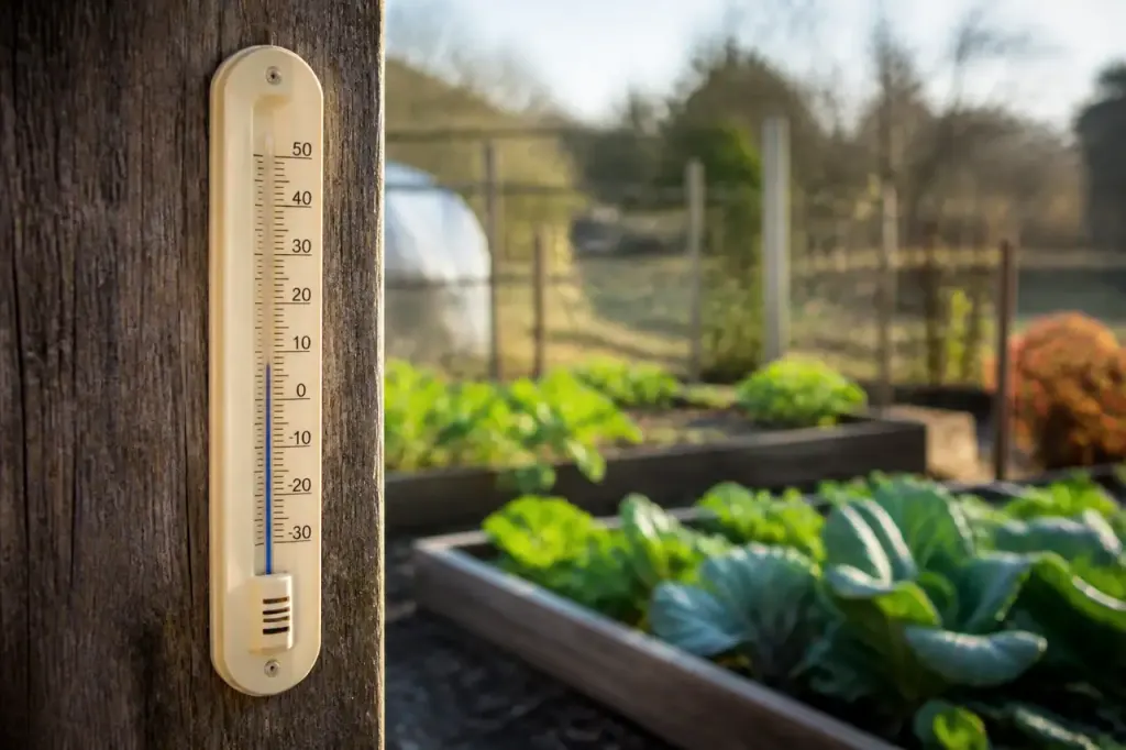 Thermomètre affichant douze degrés près d'un jardin potager