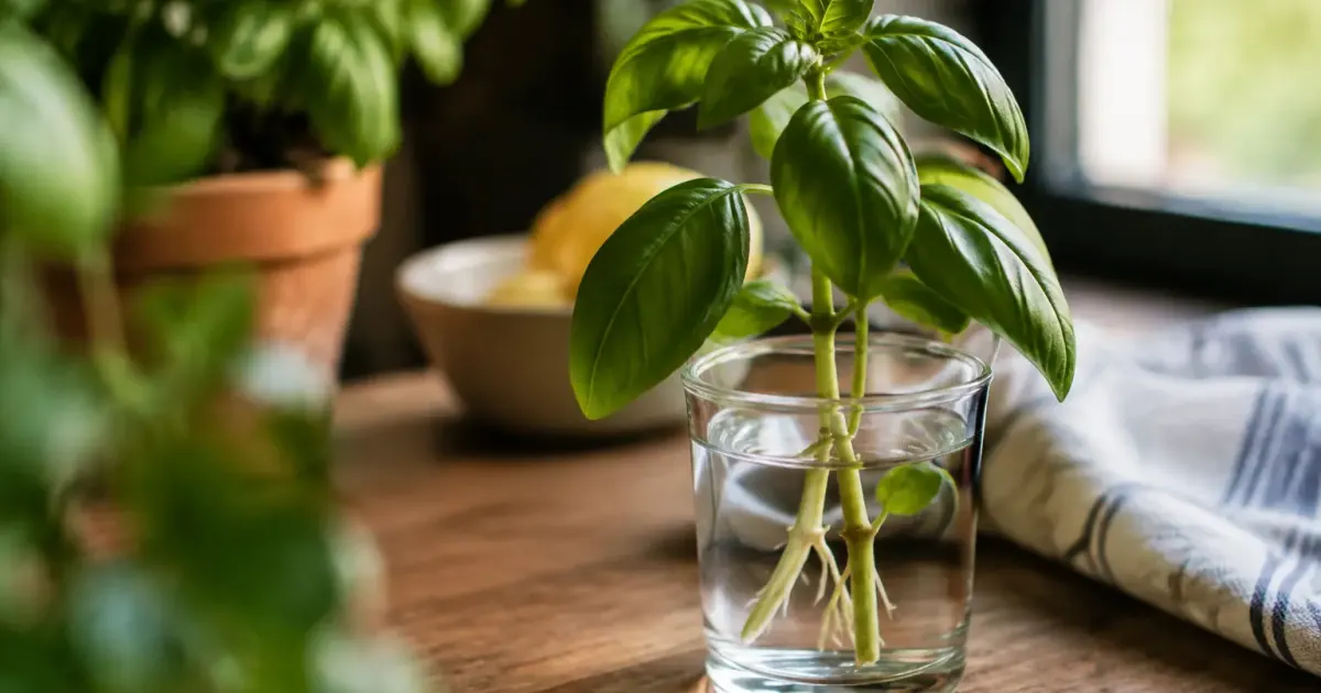 Tige de basilic debout dans un verre d'eau