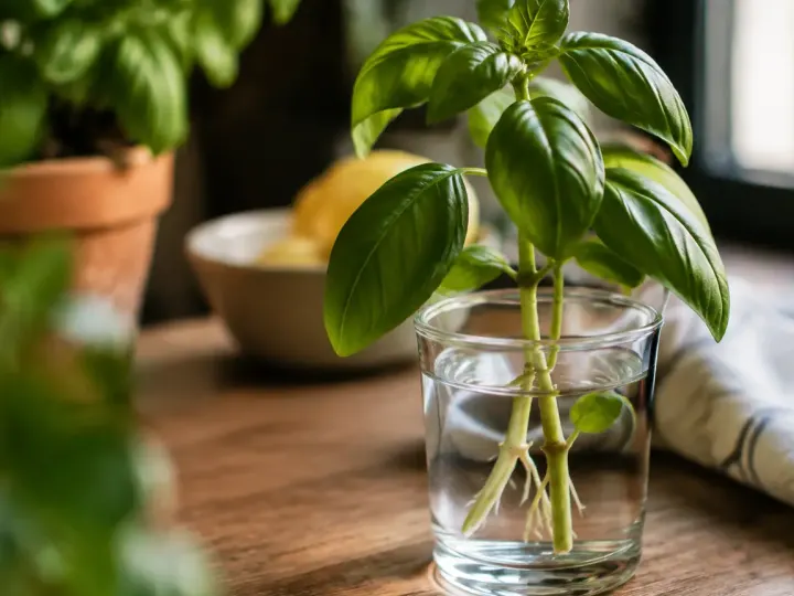 Tige de basilic debout dans un verre d'eau