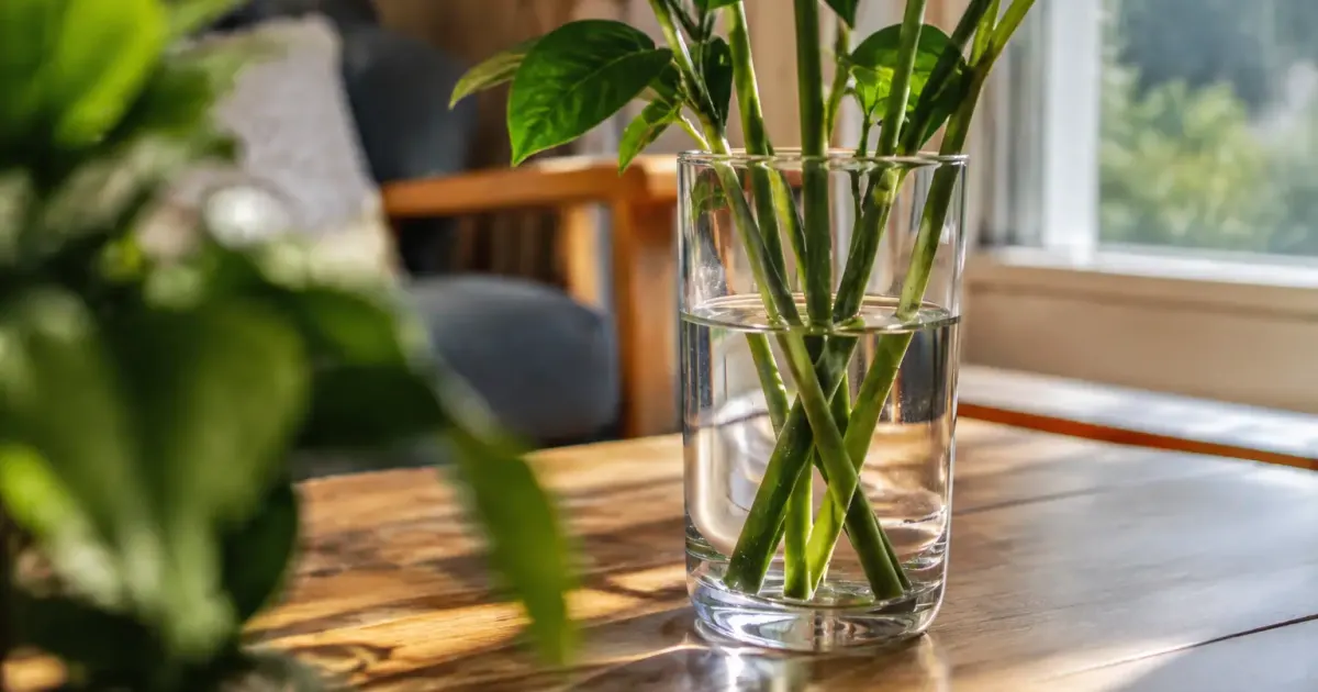 Tiges vertes debout dans un verre d eau