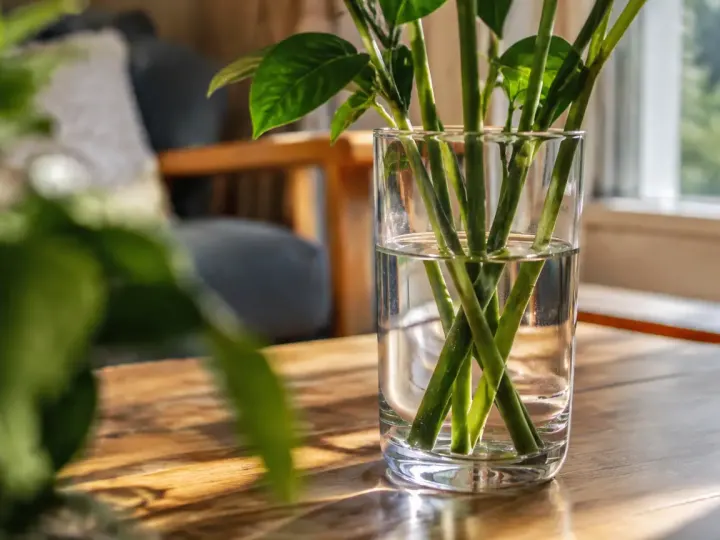 Tiges vertes debout dans un verre d eau