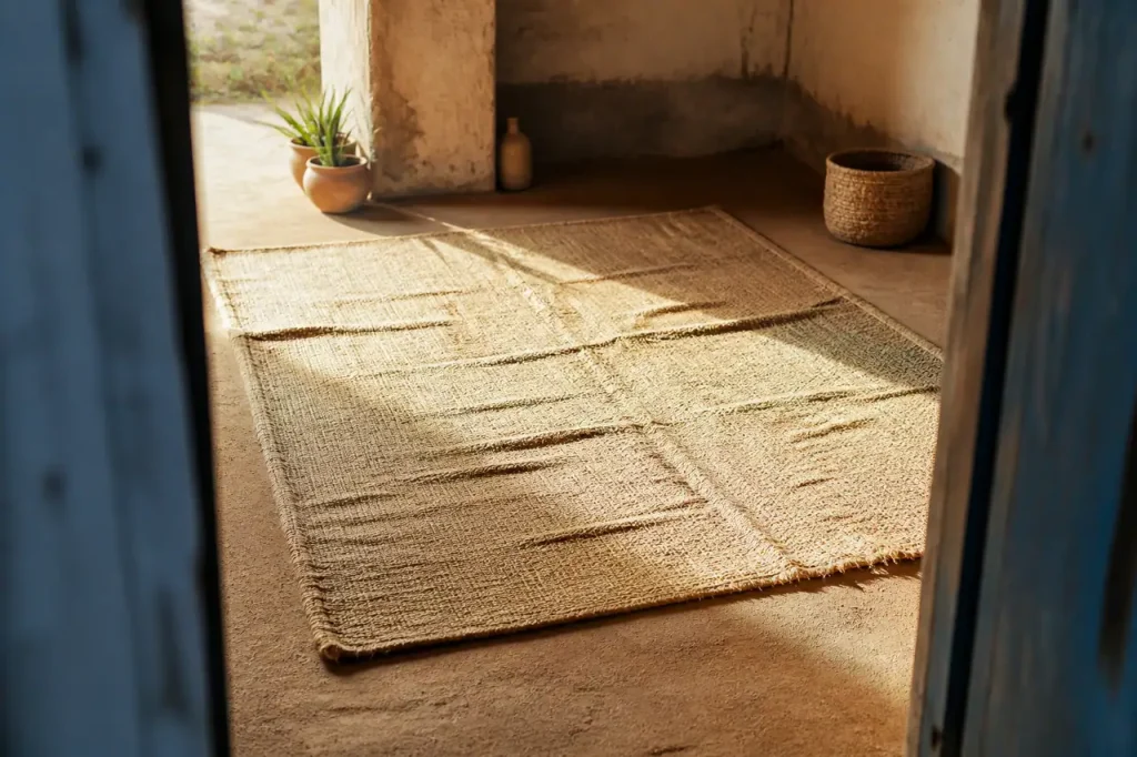 Toile de jute beige tendue sur sol nu