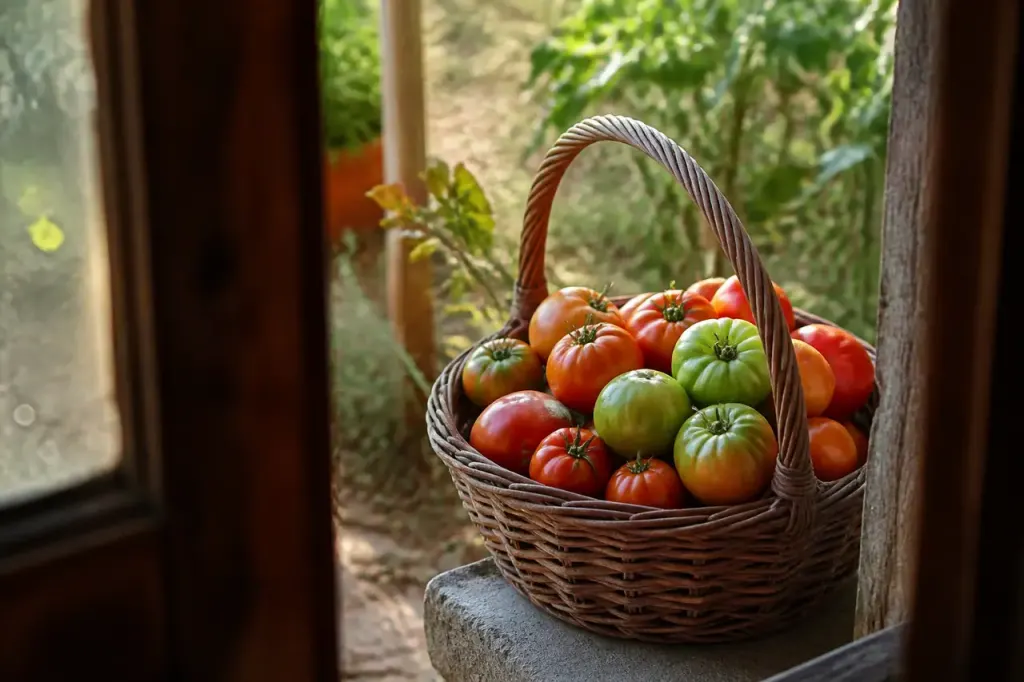 Tomates rouges et vertes dans un panier en osier