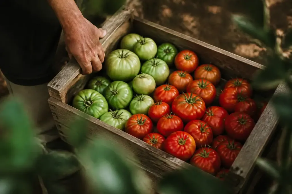 Tomates vertes et rouges dans un carton en bois