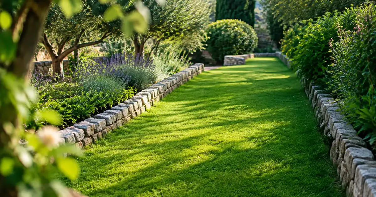 Large tranchee herbeuse bordee de pierres dans un jardin